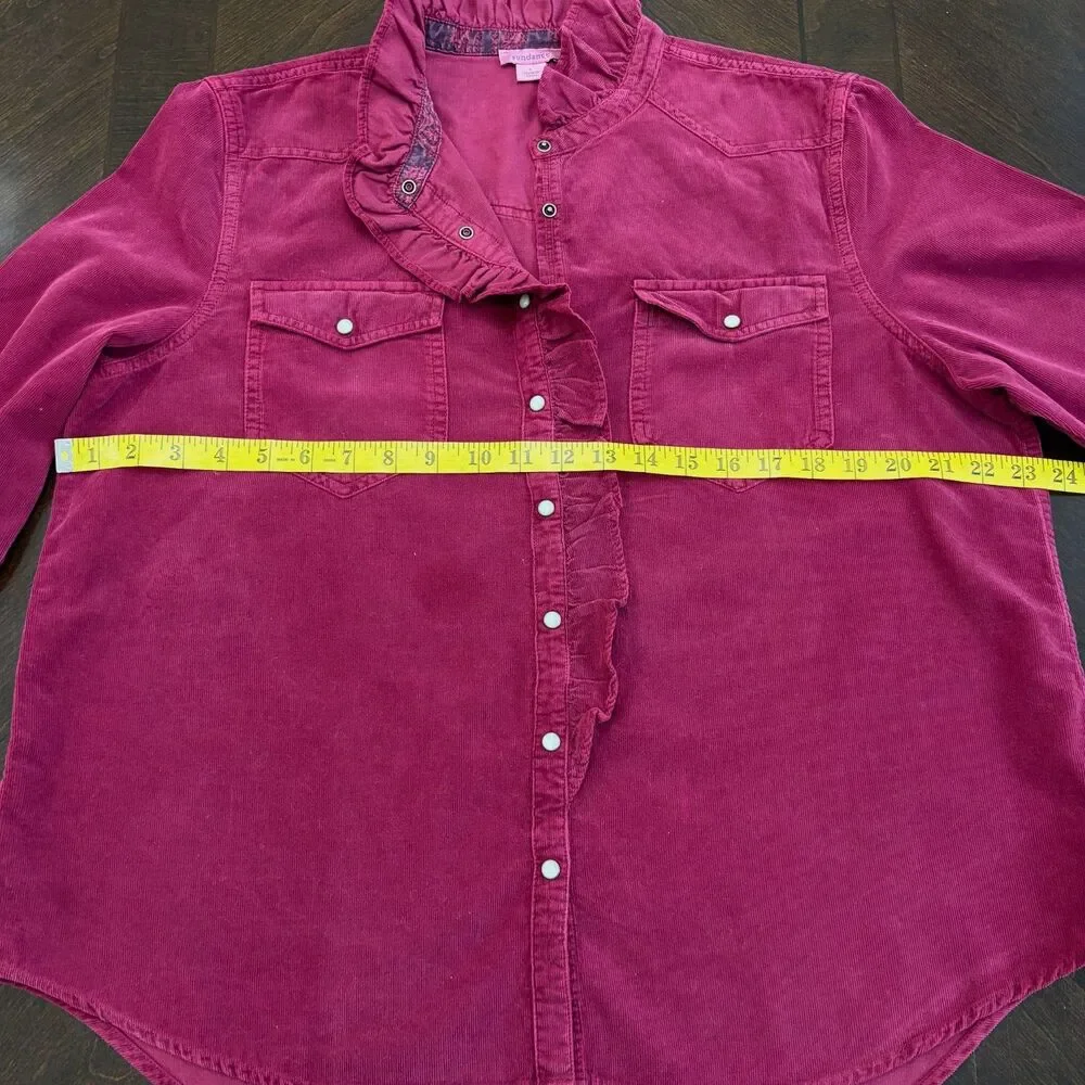 Sundance Burgundy Fine Corduroy Ruffle Front Pearl Snap Shirt Sz L Western Boho - Picture 8 of 8
